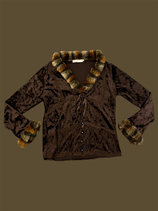 Y2K Pretty Angel Brown Velour Fur Trim Cardigan