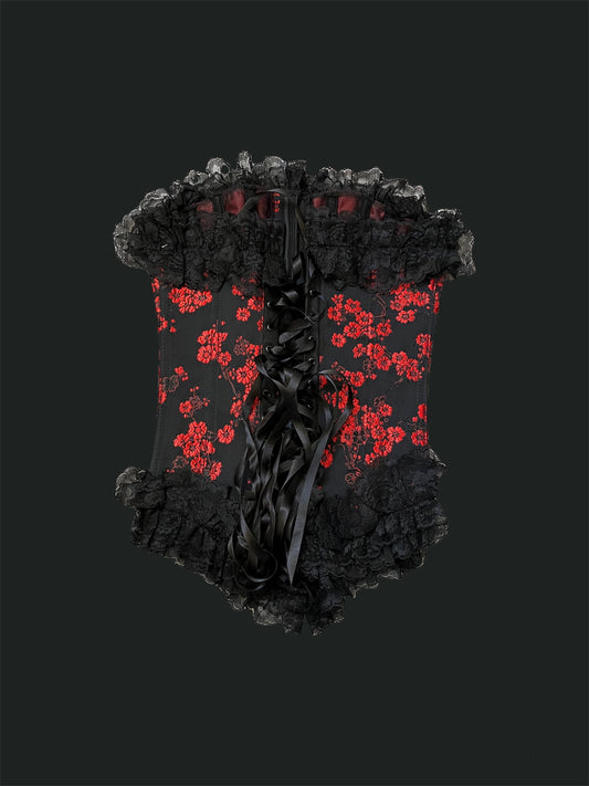 Y2K Red Rose Black Lace Corset