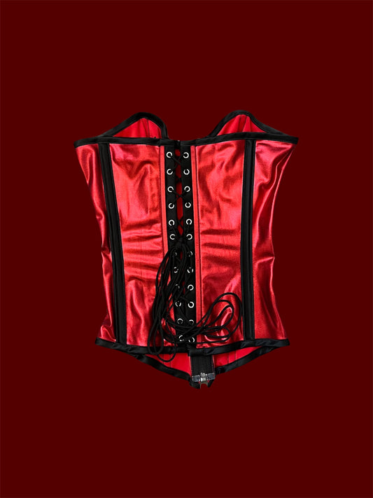 90s Red Satin Shiny Red & Black Corset